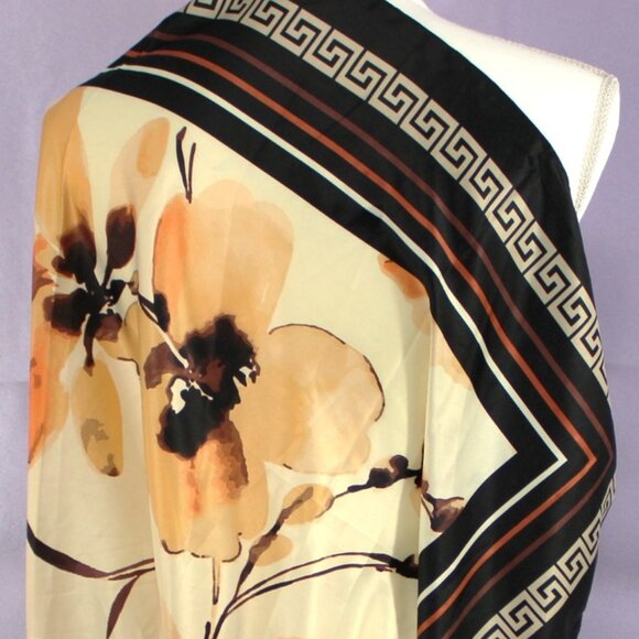 Aldo Floral Print Scarf – Black Border with Greek Key Trim, Oversized Wrap Shawl - Picture 2 of 7